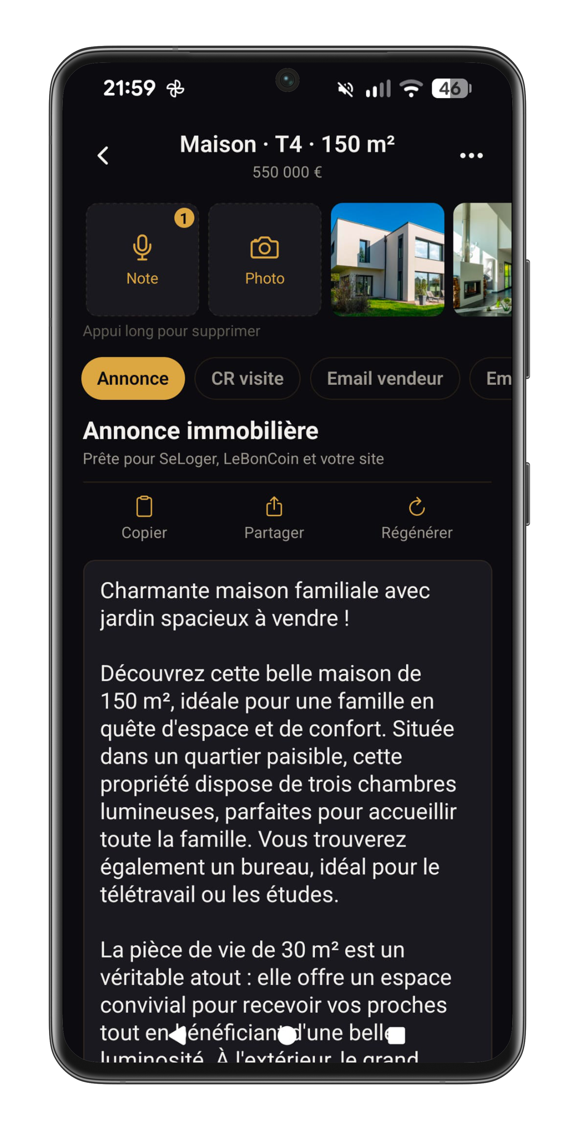 Fiche détaillée d'un bien avec annonce générée