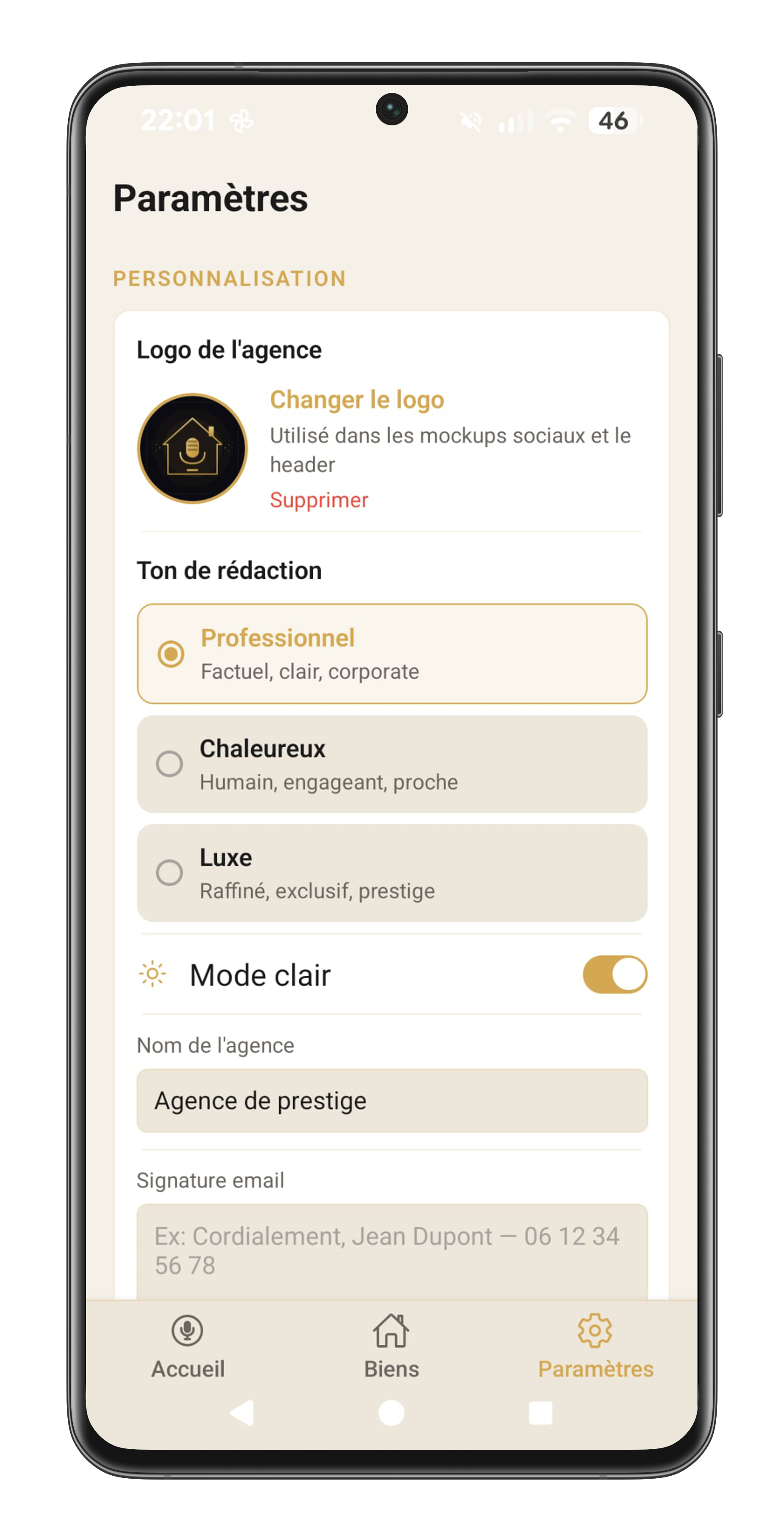 Paramètres mode clair